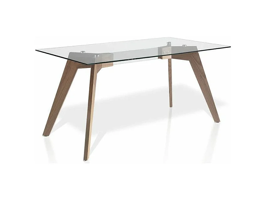 Table rectangulaire plateau verre trempé et pieds bois plaqué noyer Roka-Dimensions L 160 x P 95 x H 76 cm