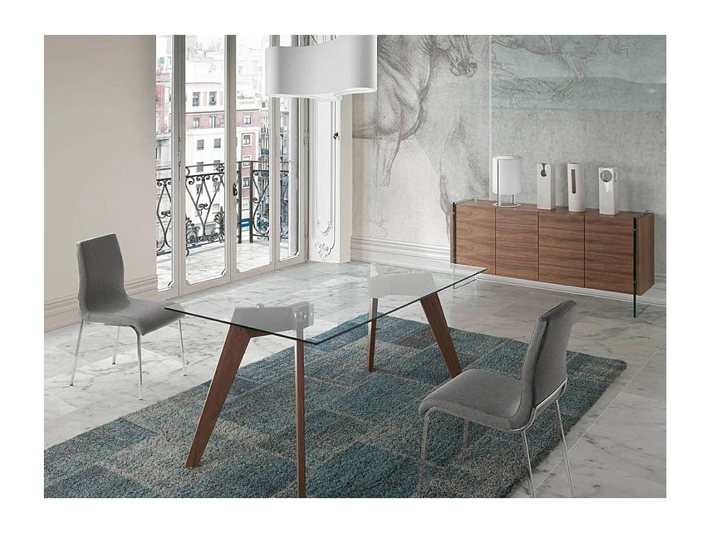 Table rectangulaire plateau verre trempé et pieds bois plaqué noyer Roka-Dimensions L 160 x P 95 x H 76 cm