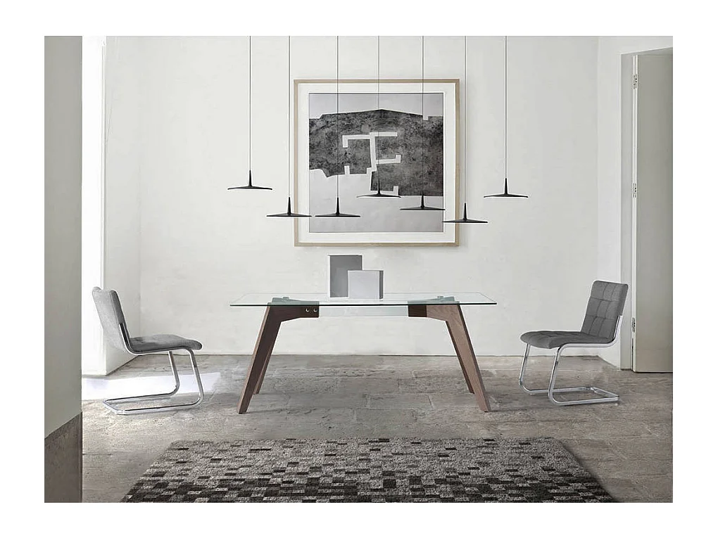 Table rectangulaire plateau verre trempé et pieds bois plaqué noyer Roka-Dimensions L 160 x P 95 x H 76 cm
