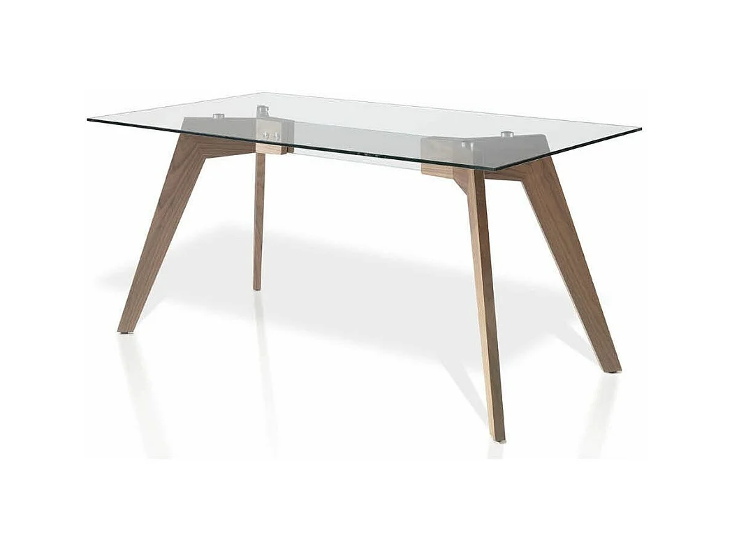 Table rectangulaire plateau verre trempé et pieds bois plaqué noyer Roka-Dimensions L 160 x P 95 x H 76 cm