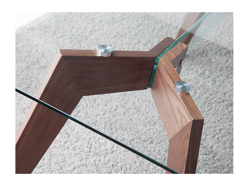 Table rectangulaire plateau verre trempé et pieds bois plaqué noyer Roka-Dimensions L 160 x P 95 x H 76 cm