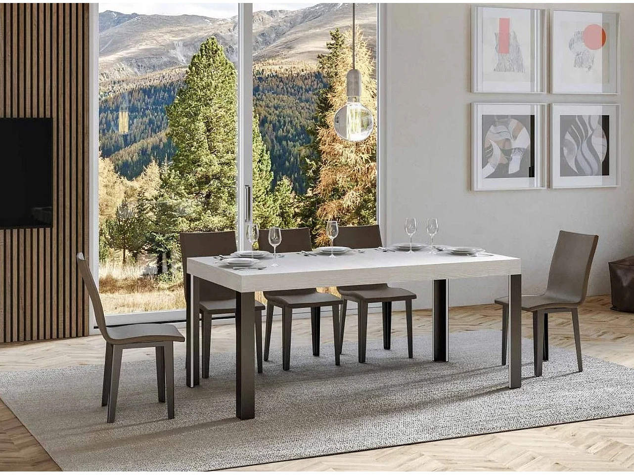 Mesa de comedor Liva 160 cm rectangular de fresno blanco con patas de metal gris oscuro
