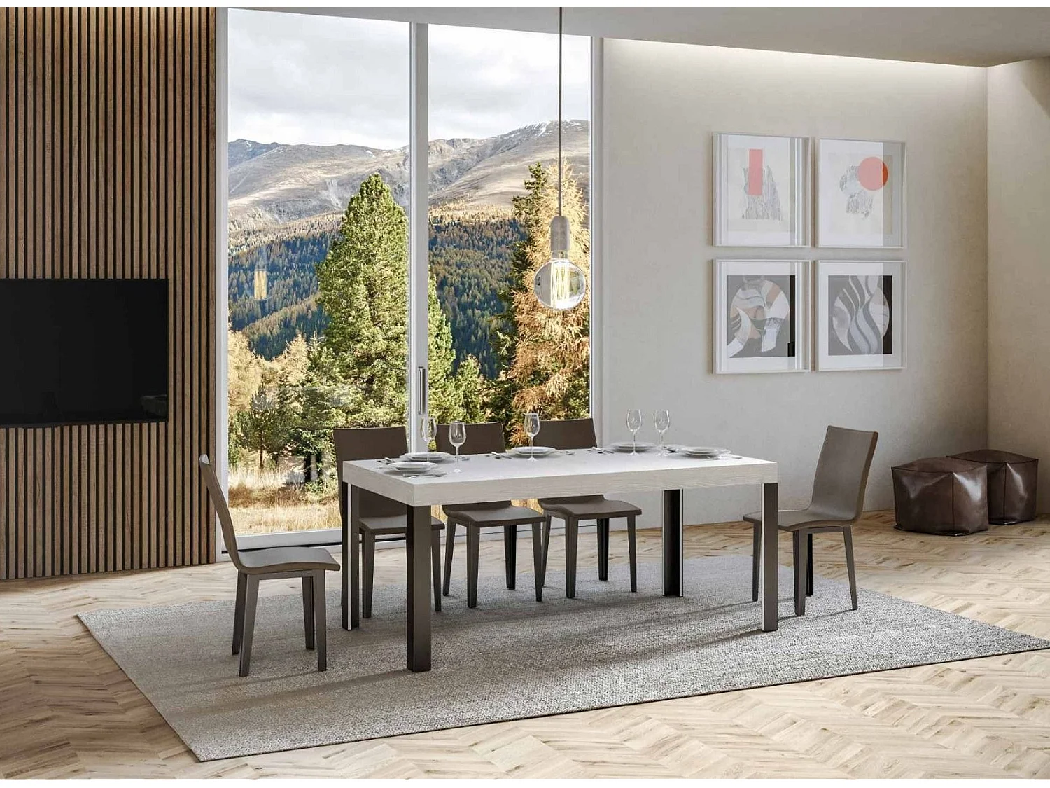 Mesa de comedor Liva 160 cm rectangular de fresno blanco con patas de metal gris oscuro