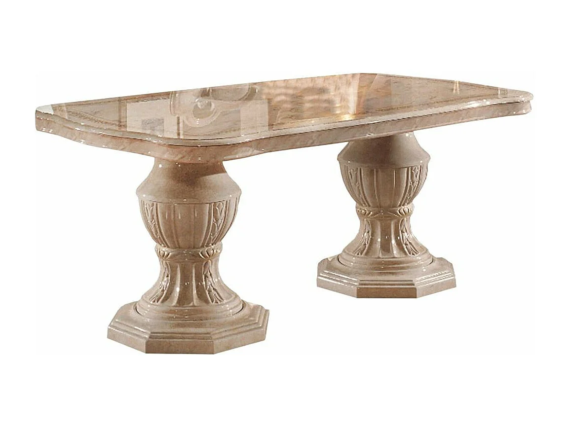 Table à manger rectangulaire extensible bois vernis laqué brillant beige et onyx effet marbré Lesly 185 à 230cm