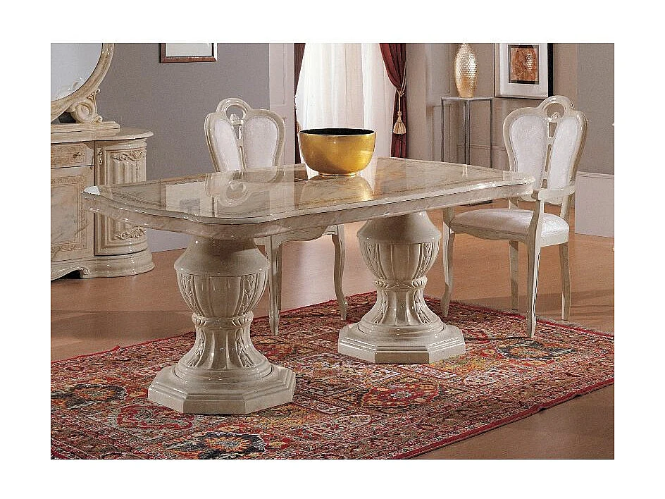 Table à manger rectangulaire extensible bois vernis laqué brillant beige et onyx effet marbré Lesly 185 à 230cm
