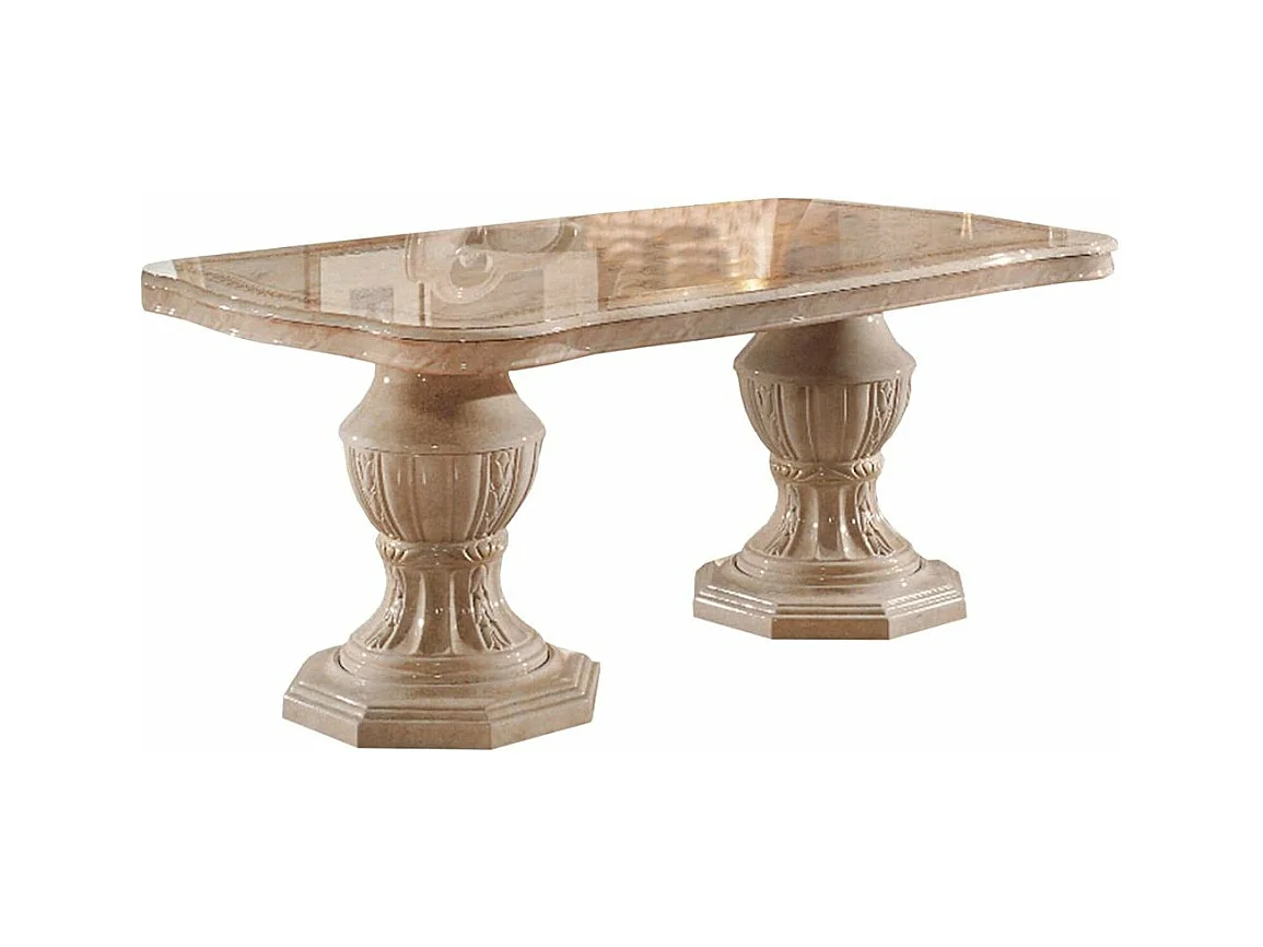 Table à manger rectangulaire extensible bois vernis laqué brillant beige et onyx effet marbré Lesly 185 à 230cm