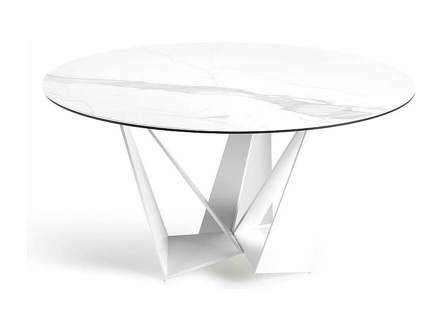 Table ronde design acier blanc et porcelaine blanc effet marbre Gala 130cm