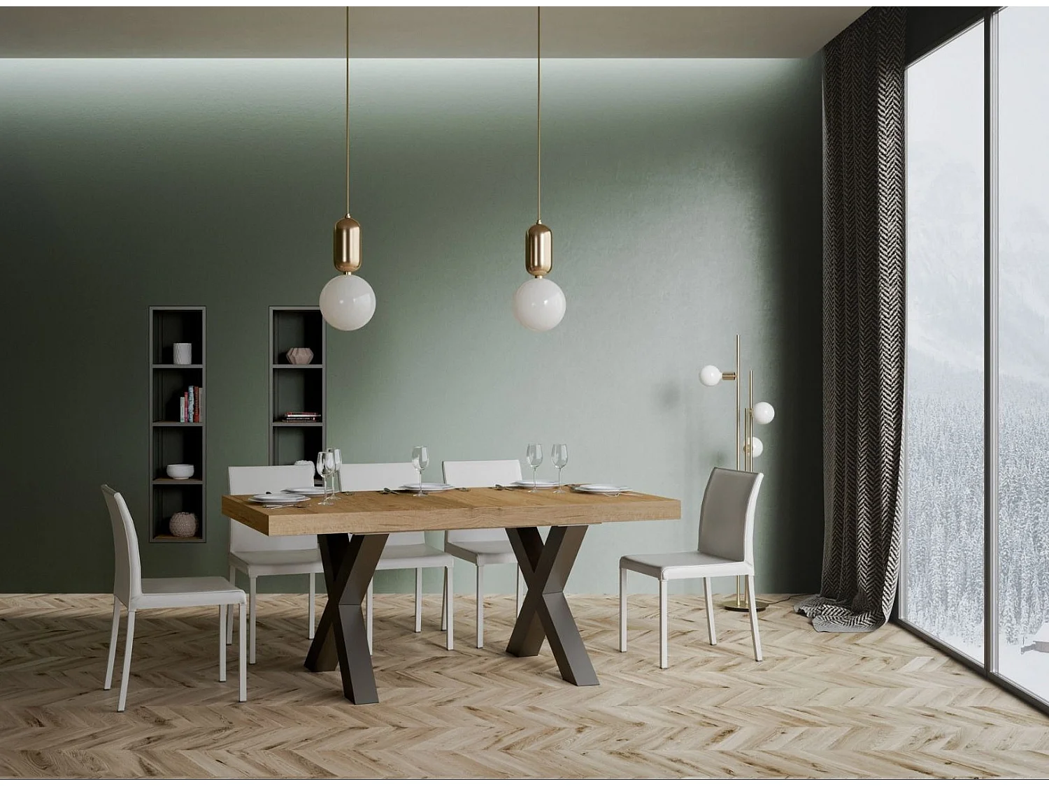 Mesa de comedor rectangular Tsara 180 cm de madera clara con patas de metal gris oscuro