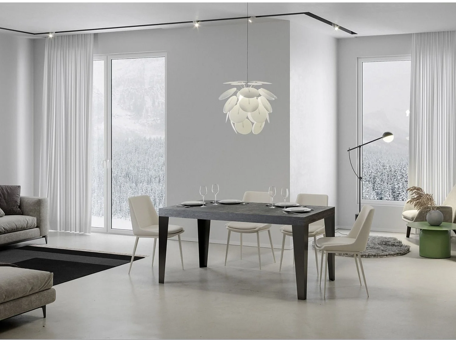 Table rectangulaire 180cm gris béton et pieds métal anthracite Flavio 6 à 8 places