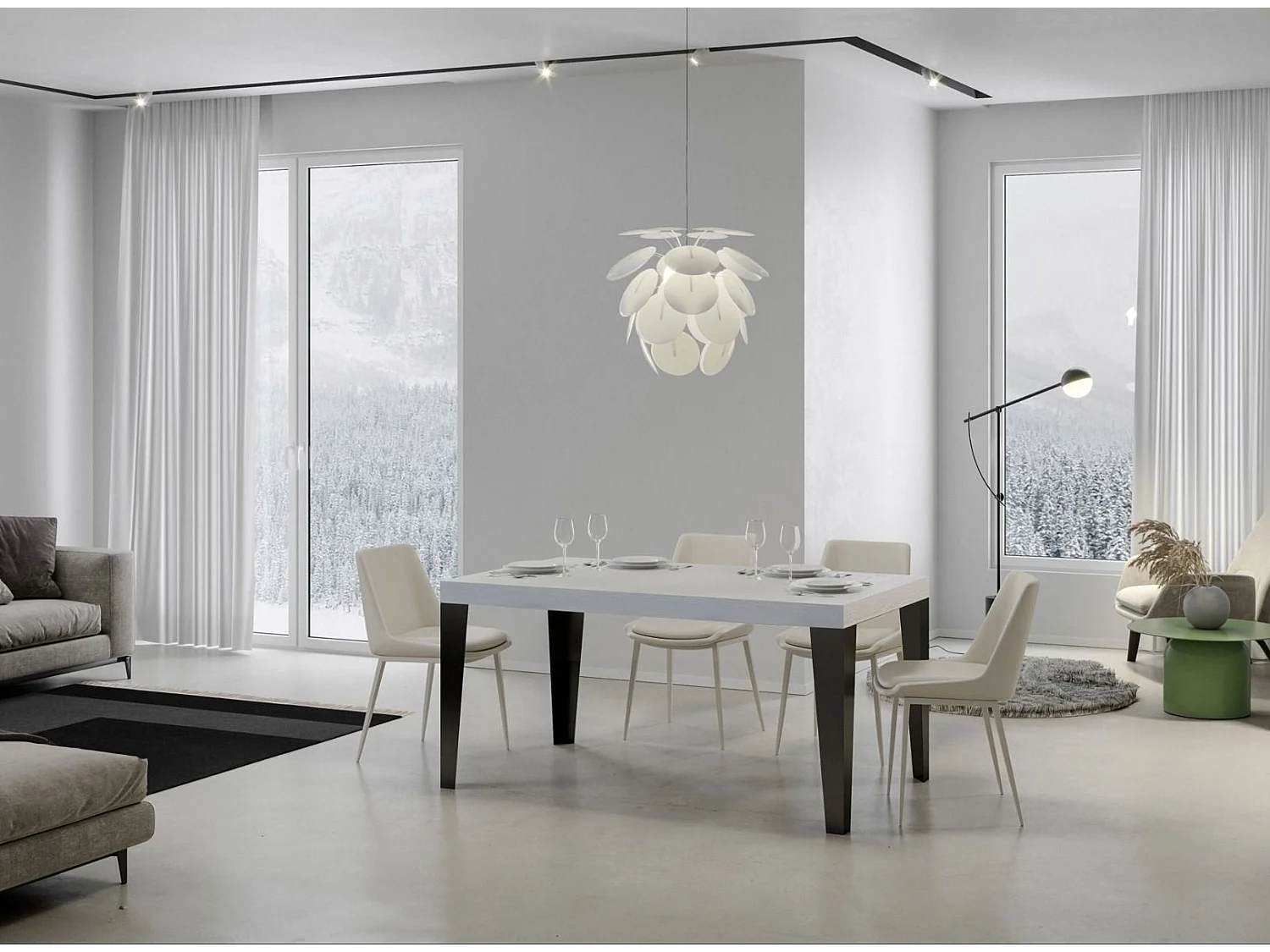 Table rectangulaire 180cm blanc et pieds métal anthracite Flavio 6 à 8 places