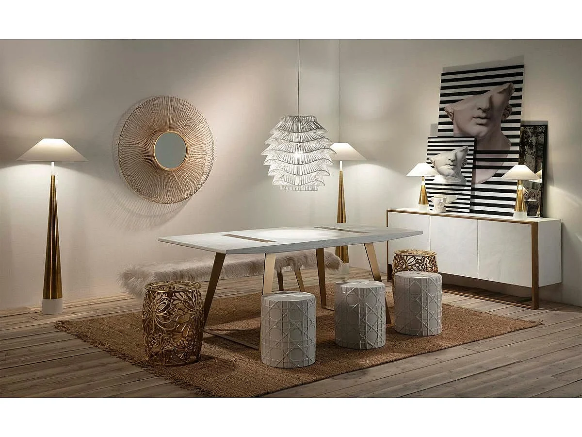 Witte houten eettafel en gouden metalen poten 200 cm