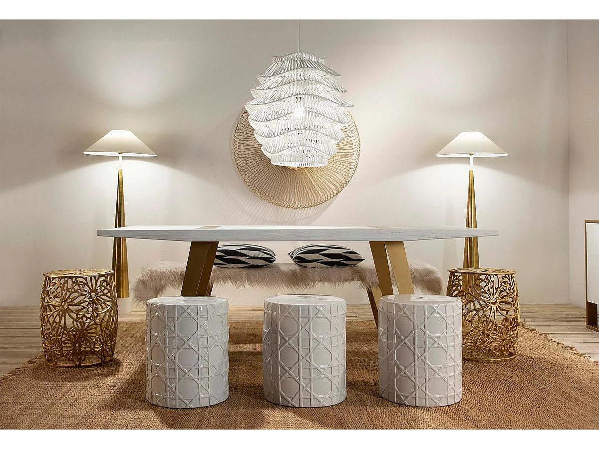 Table à manger bois blanc et pieds métal doré 200cm