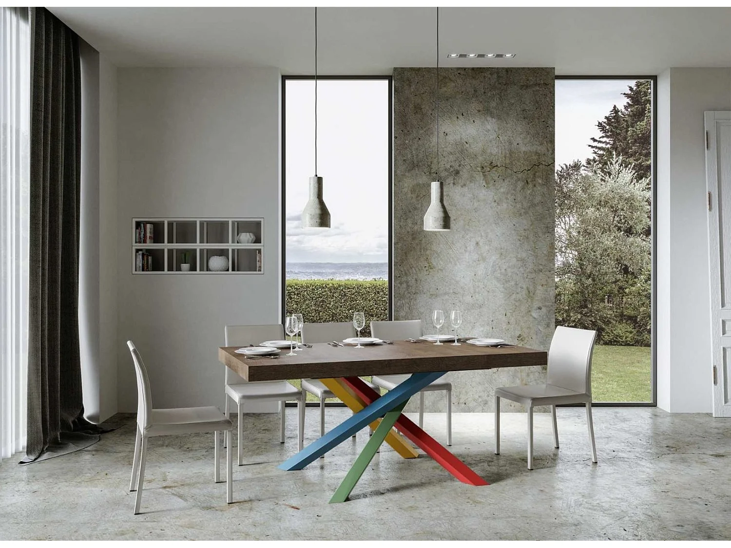 Table design bois marron et pieds entrelacés multicouleurs 160cm Artemis