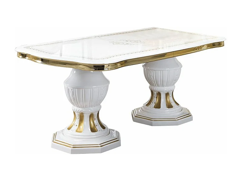 Table à manger rectangulaire extensible bois vernis laqué brillant blanc et doré Lesly 185 à 230cm