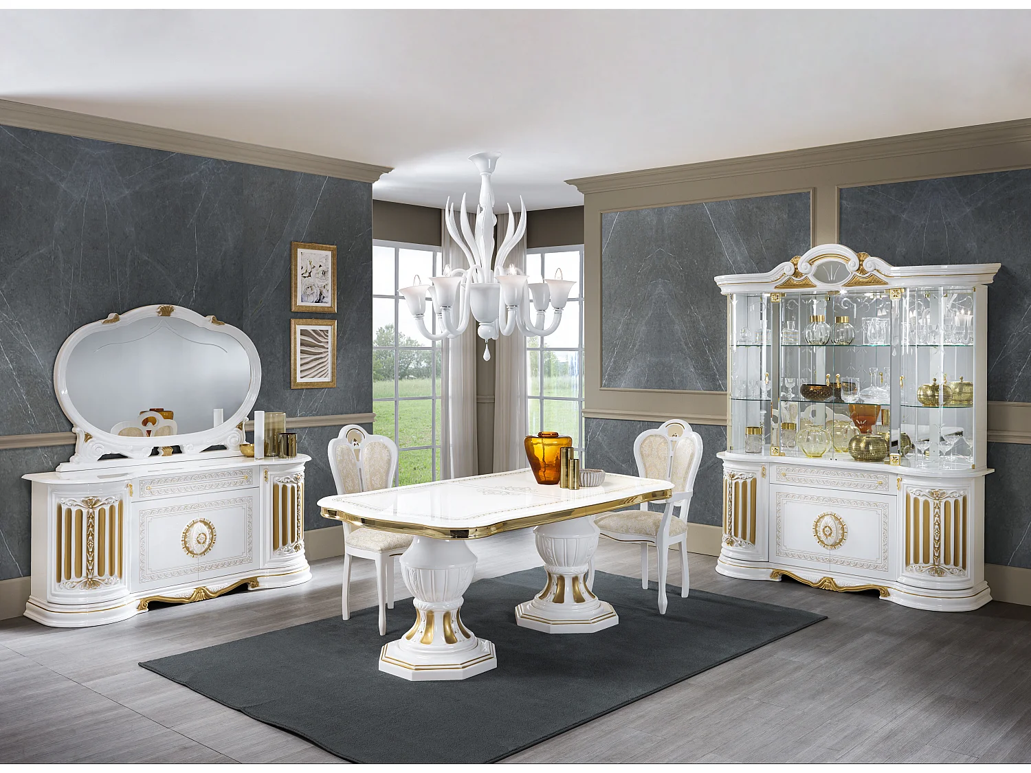 Table à manger rectangulaire extensible bois vernis laqué brillant blanc et doré Lesly 185 à 230cm