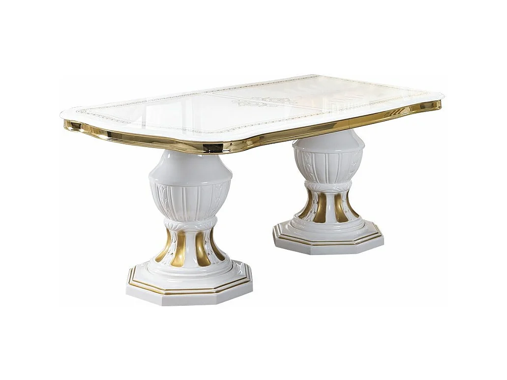 Table à manger rectangulaire extensible bois vernis laqué brillant blanc et doré Lesly 185 à 230cm