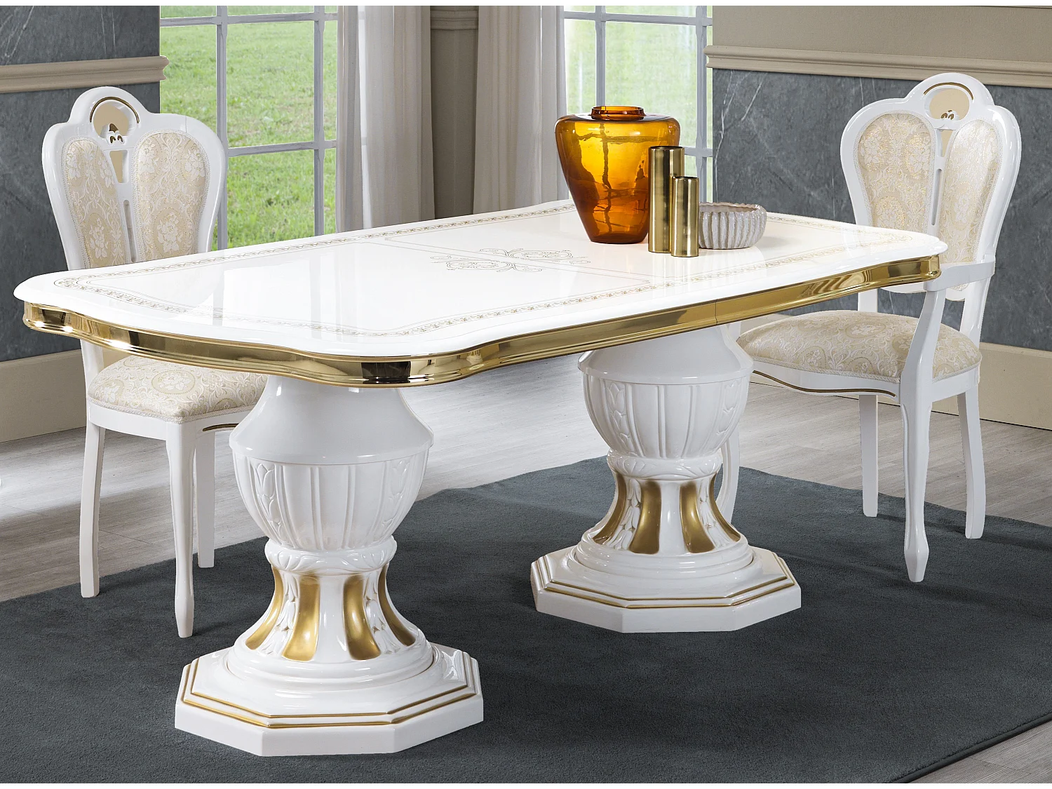 Table à manger rectangulaire extensible bois vernis laqué brillant blanc et doré Lesly 185 à 230cm