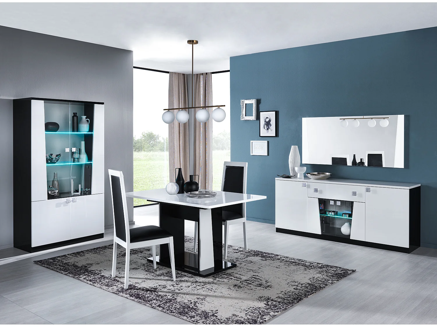 Petite table à manger extensible bois blanc et noir vernis laqué brillant Bilia 140 à 180cm