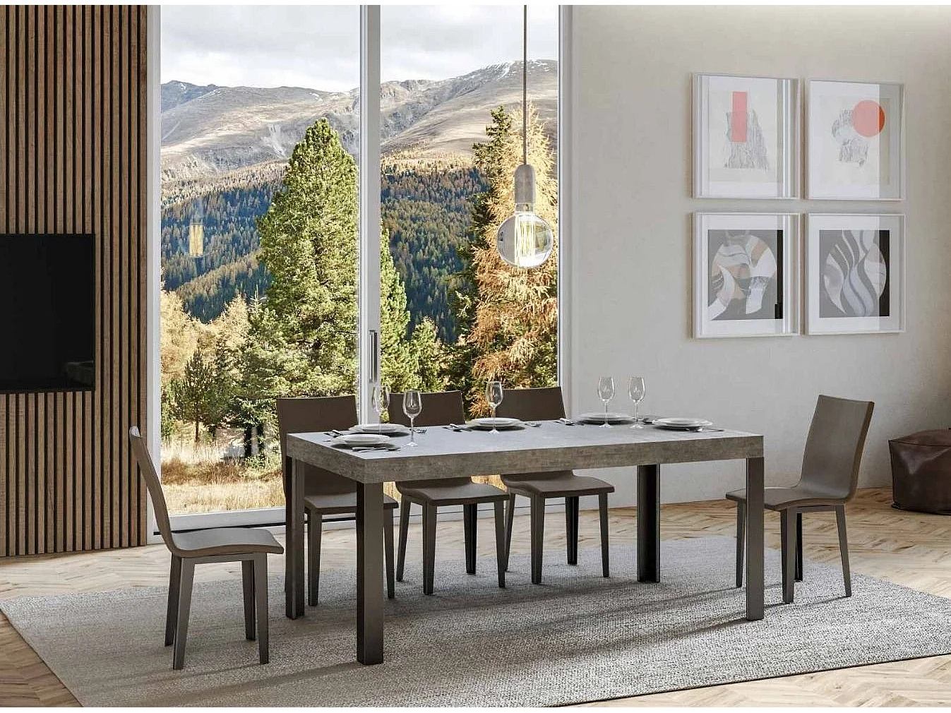 Table à manger rectangulaire gris béton et pieds métal gris foncé Liva 160cm