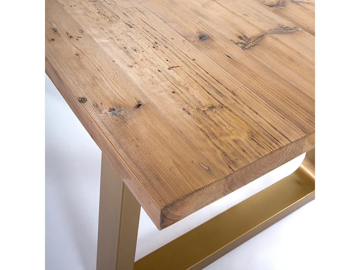 Table à manger bois massif clair et pieds métal doré 220cm