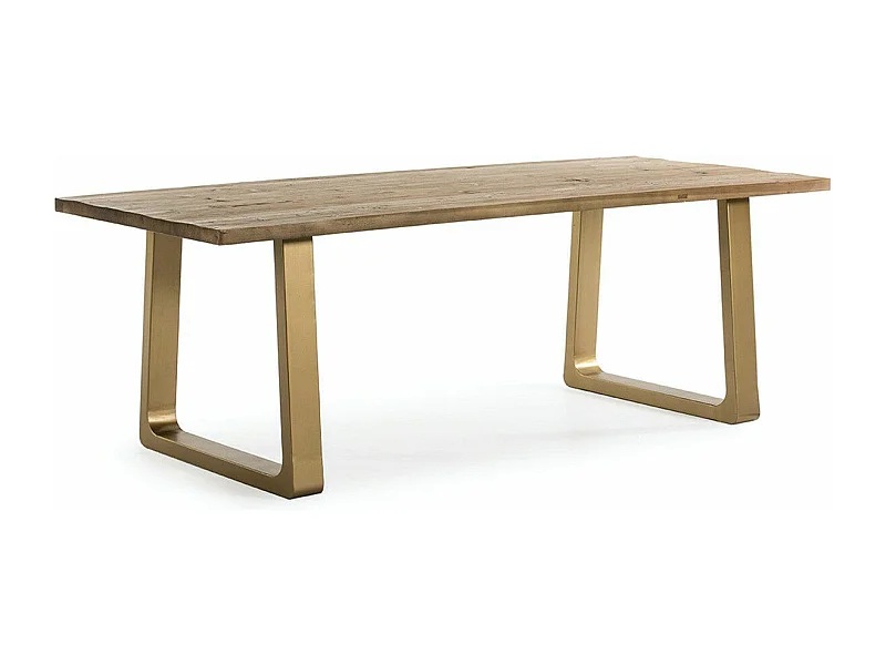 Table à manger bois massif clair et pieds métal doré 220cm