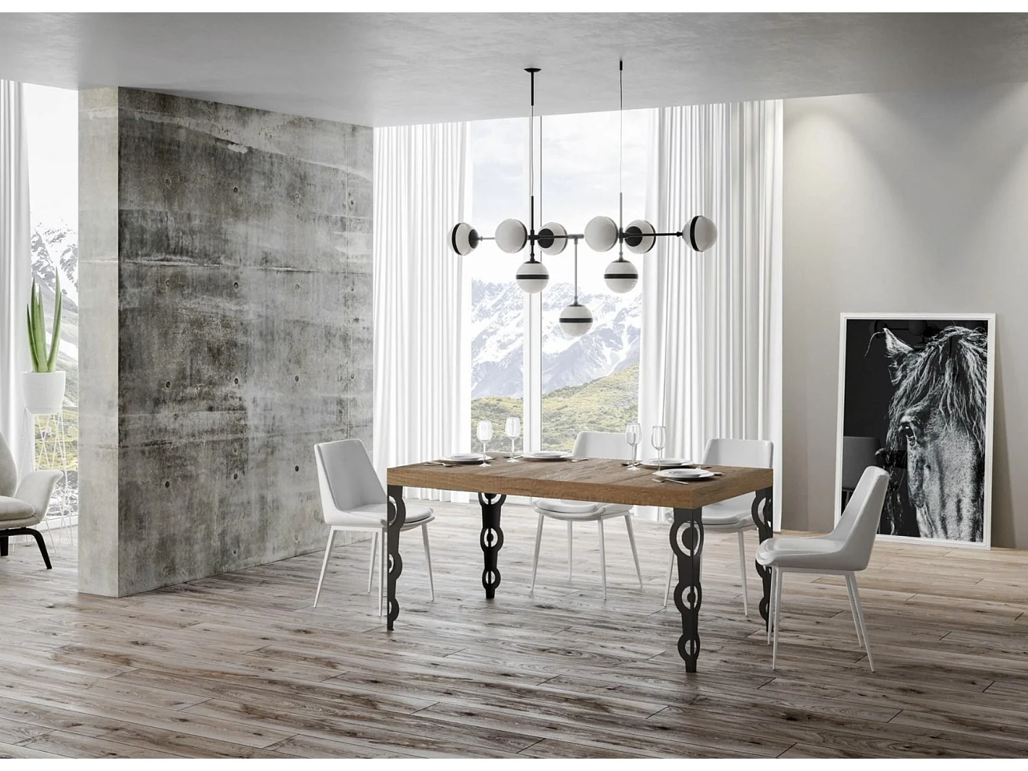 Oosterse rechthoekige tafel 6 plaatsen L 160 cm licht eikenhout en antraciet metalen poten Kazay