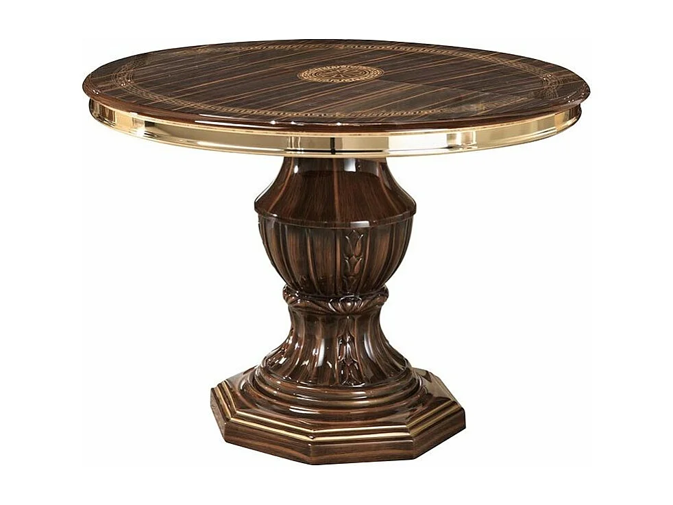 Table à manger ronde extensible bois vernis laqué brillant marron et doré Vinza 110 à 160cm