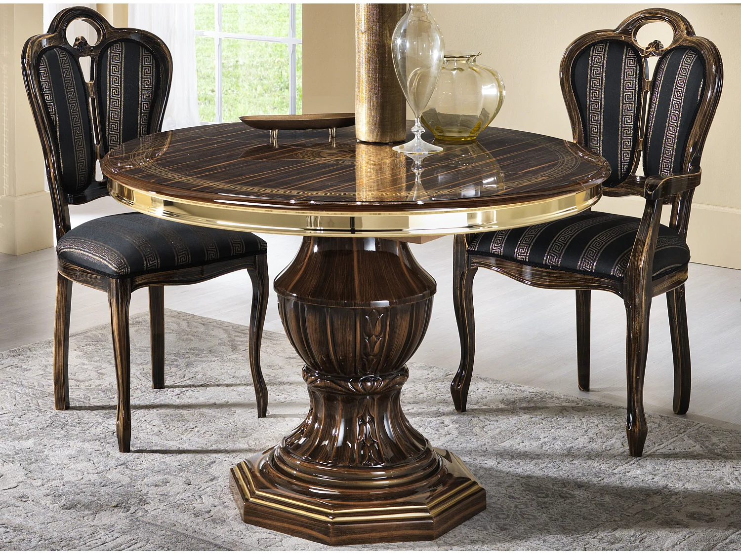 Table à manger ronde extensible bois vernis laqué brillant marron et doré Vinza 110 à 160cm