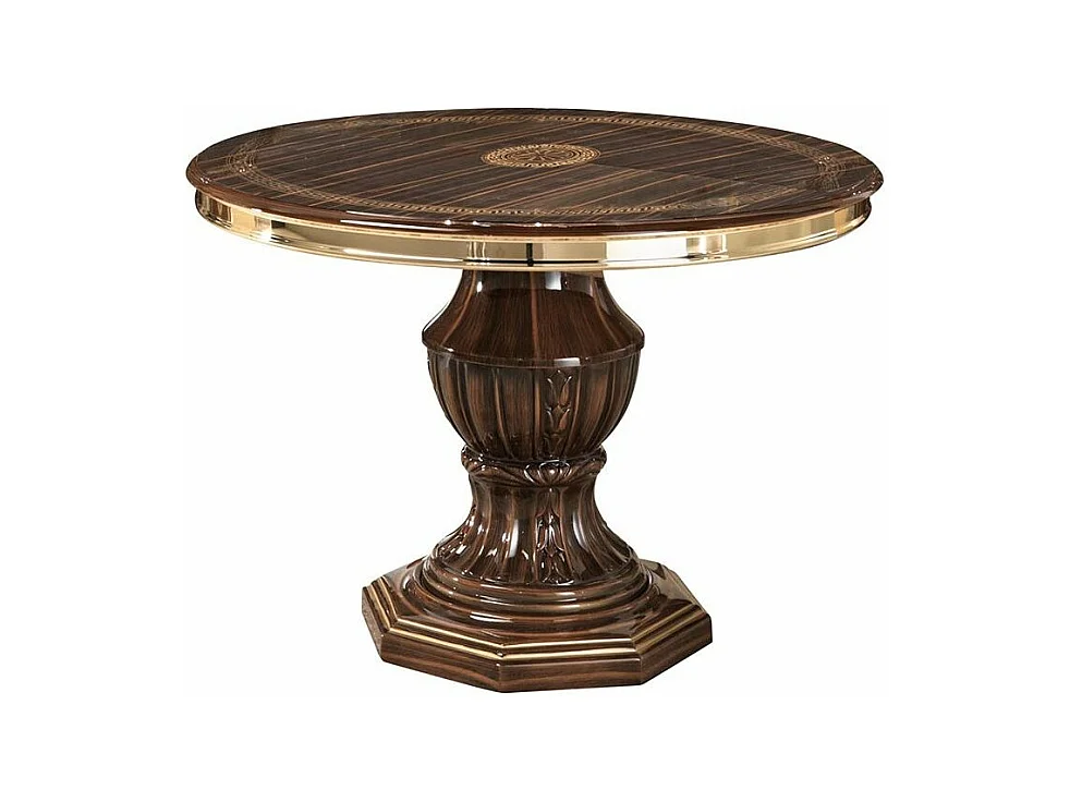 Table à manger ronde extensible bois vernis laqué brillant marron et doré Vinza 110 à 160cm