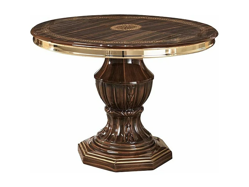 Table à manger ronde extensible bois vernis laqué brillant marron et doré Vinza 110 à 160cm