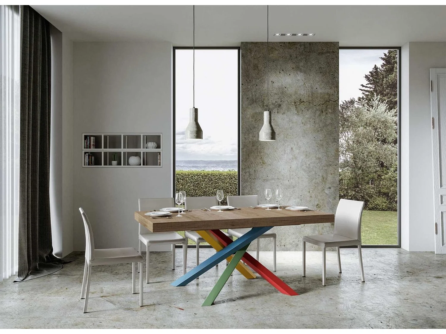 Table design chêne clair et pieds entrelacés multicouleurs 160cm Artemis