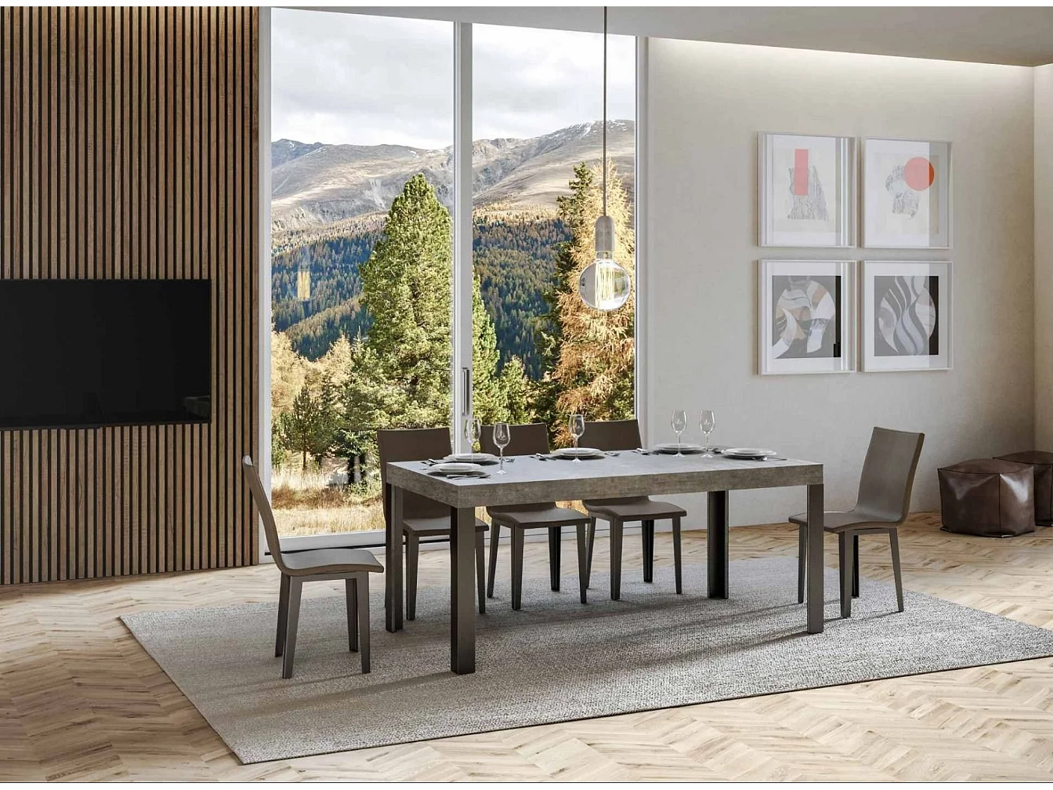 Mesa de comedor rectangular Liva 180 cm gris hormigón con patas de metal gris oscuro