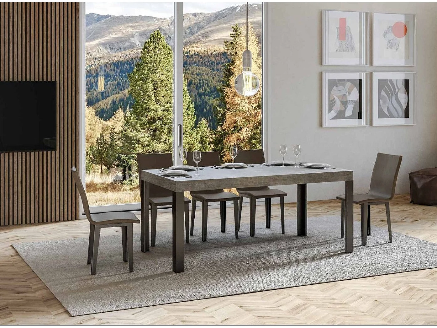 Table à manger rectangulaire gris béton et pieds métal gris foncé Liva 180cm