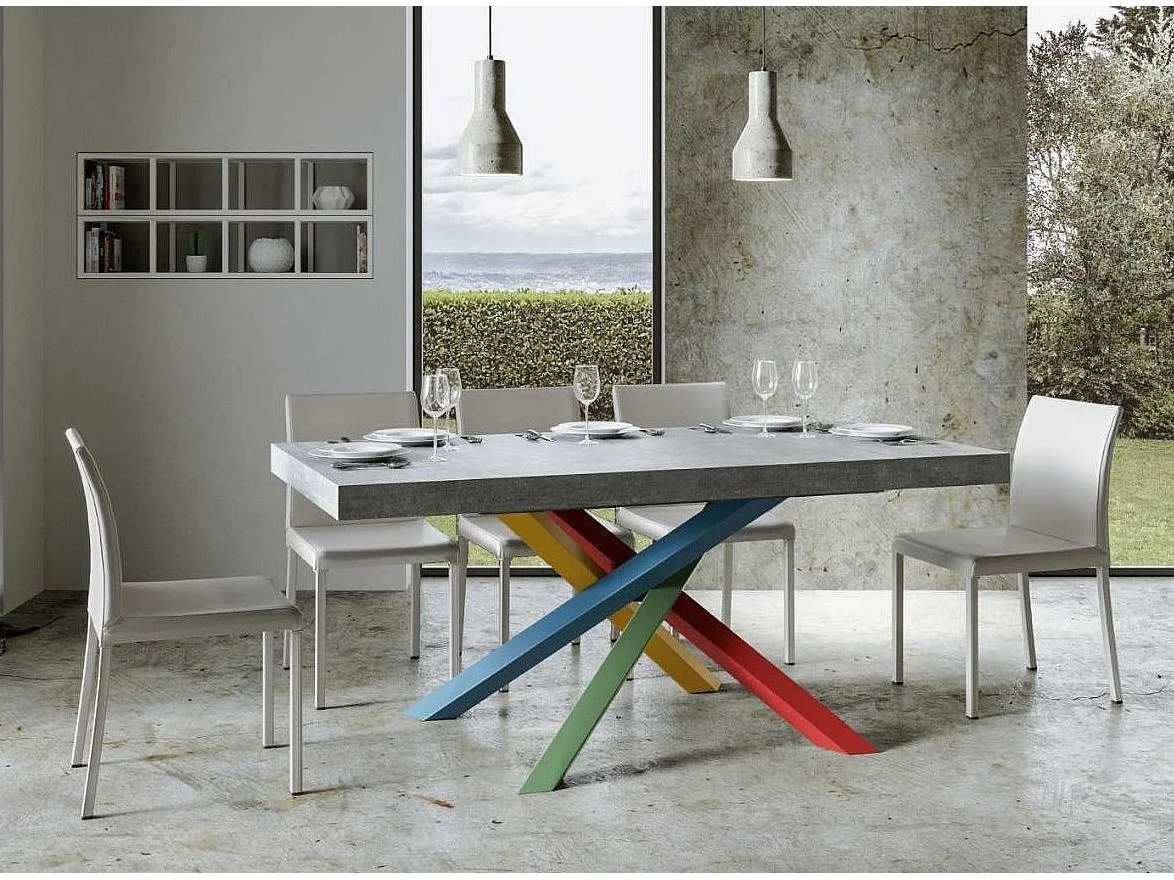 Cementgrijze designtafel en veelkleurige in elkaar verweven poten 180 cm Artemis