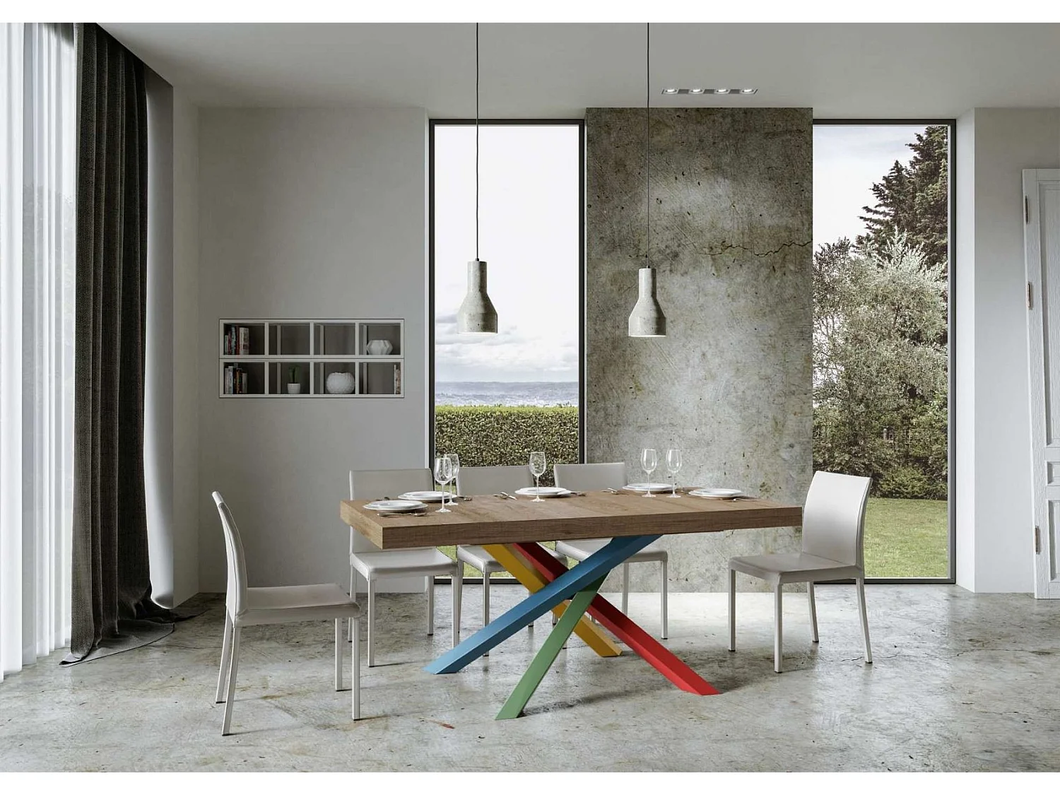 Table design chêne clair et pieds entrelacés multicouleurs 180cm Artemis