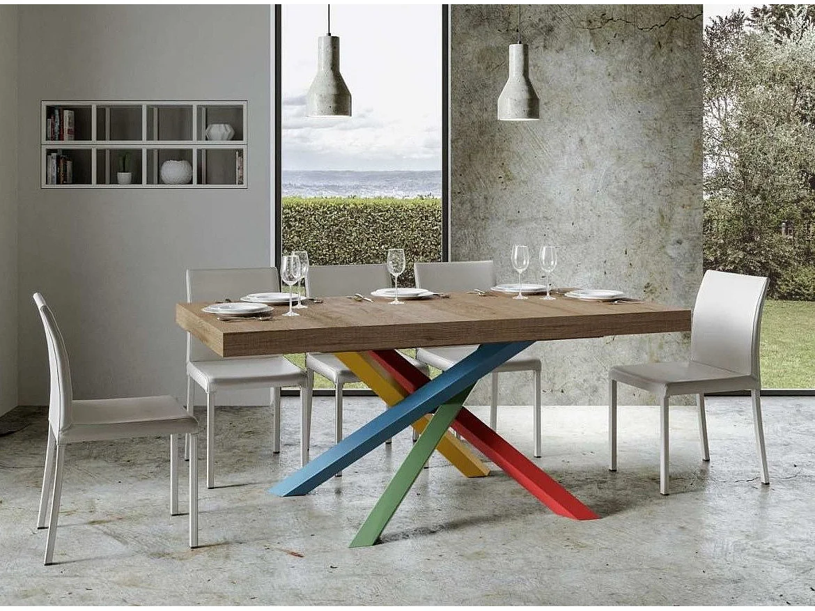 Table design chêne clair et pieds entrelacés multicouleurs 180cm Artemis