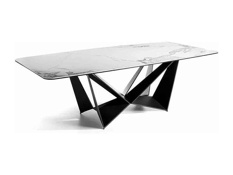 Table rectangulaire plateau en céramique gris marbré et pieds acier noir Trypa 260cm
