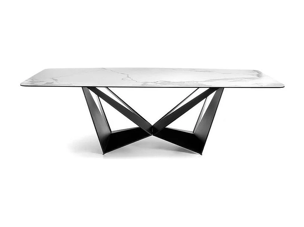 Rechthoekige tafel met gemarmerd grijs keramiek blad en zwart stalen poten Trypa 260 cm