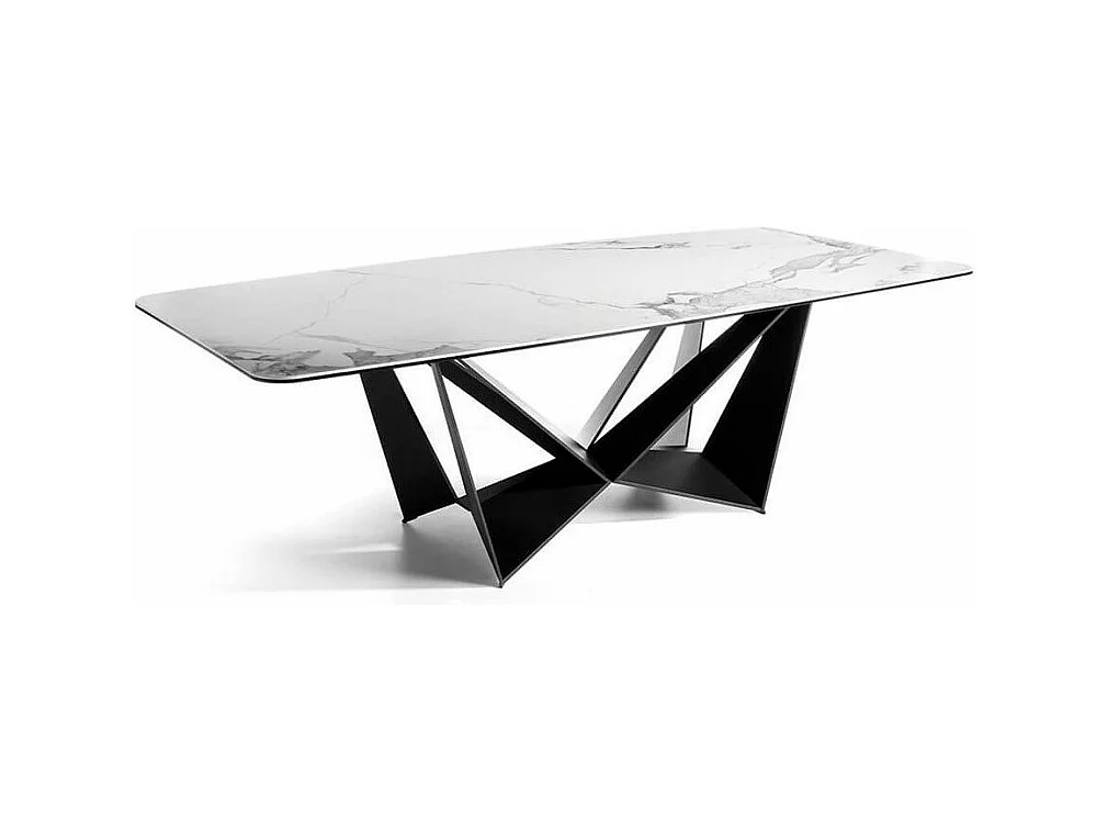 Table rectangulaire plateau en céramique gris marbré et pieds acier noir Trypa 260cm