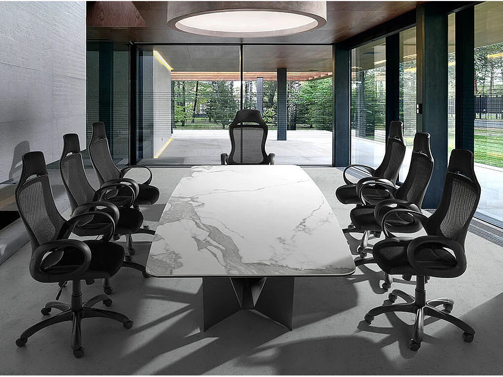 Table rectangulaire plateau en céramique gris marbré et pieds acier noir Trypa 260cm