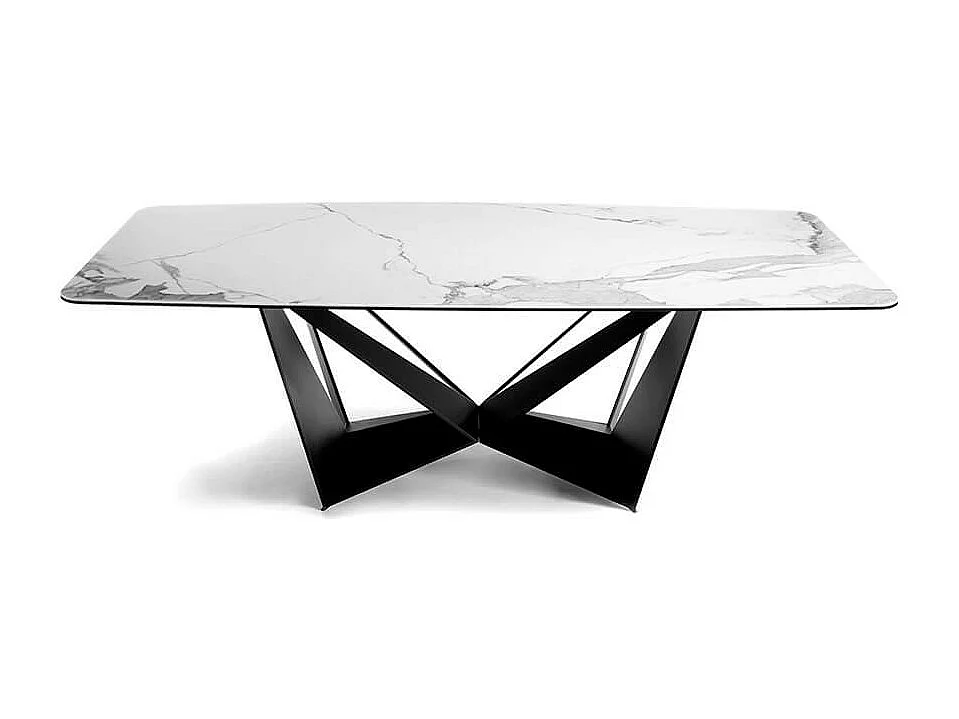 Table rectangulaire plateau en céramique gris marbré et pieds acier noir Trypa 260cm