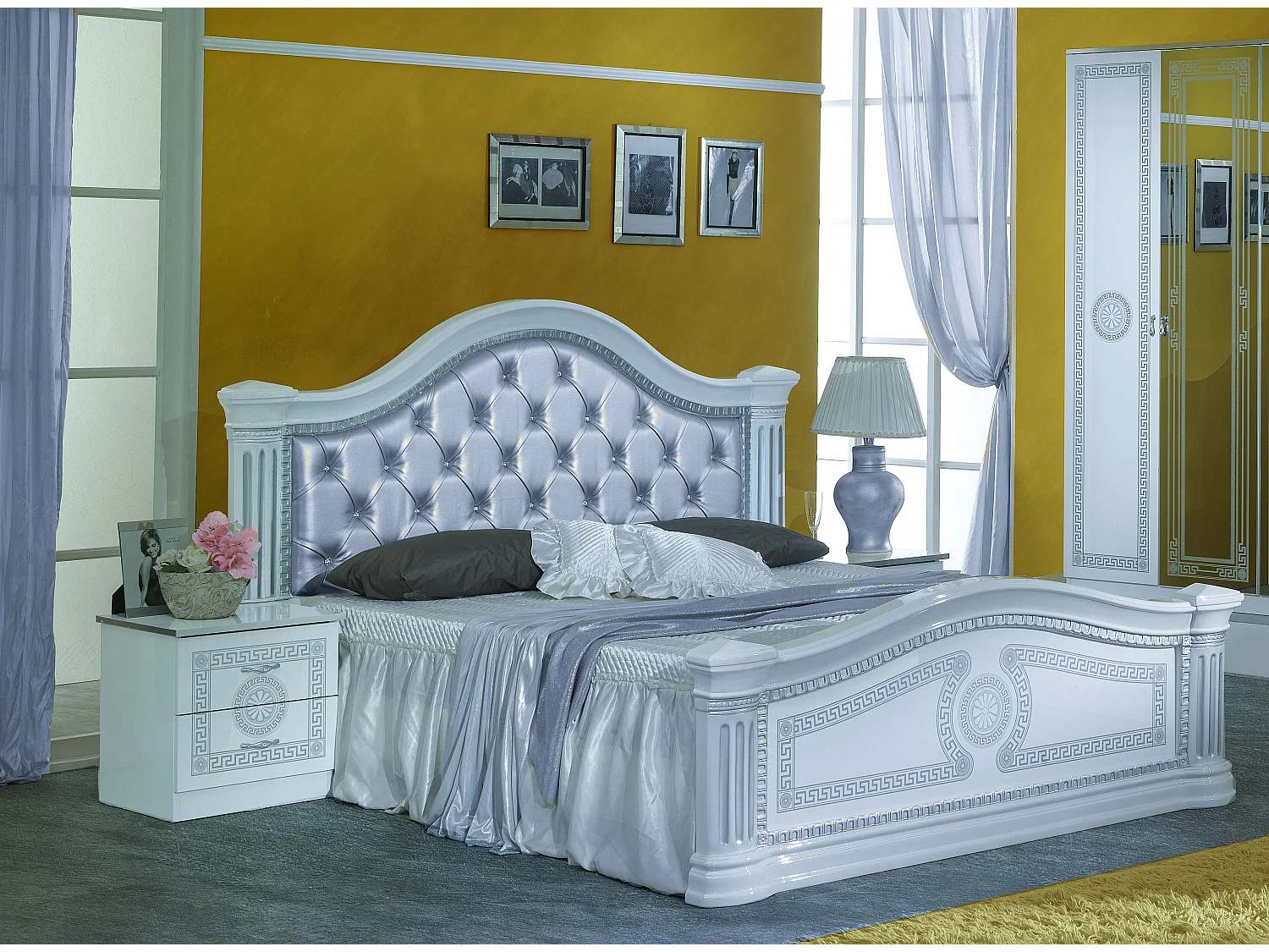 Savana wit gelakt design bed gecapitonneerd hoofdbord in zilver kunstleer 180x200 cm