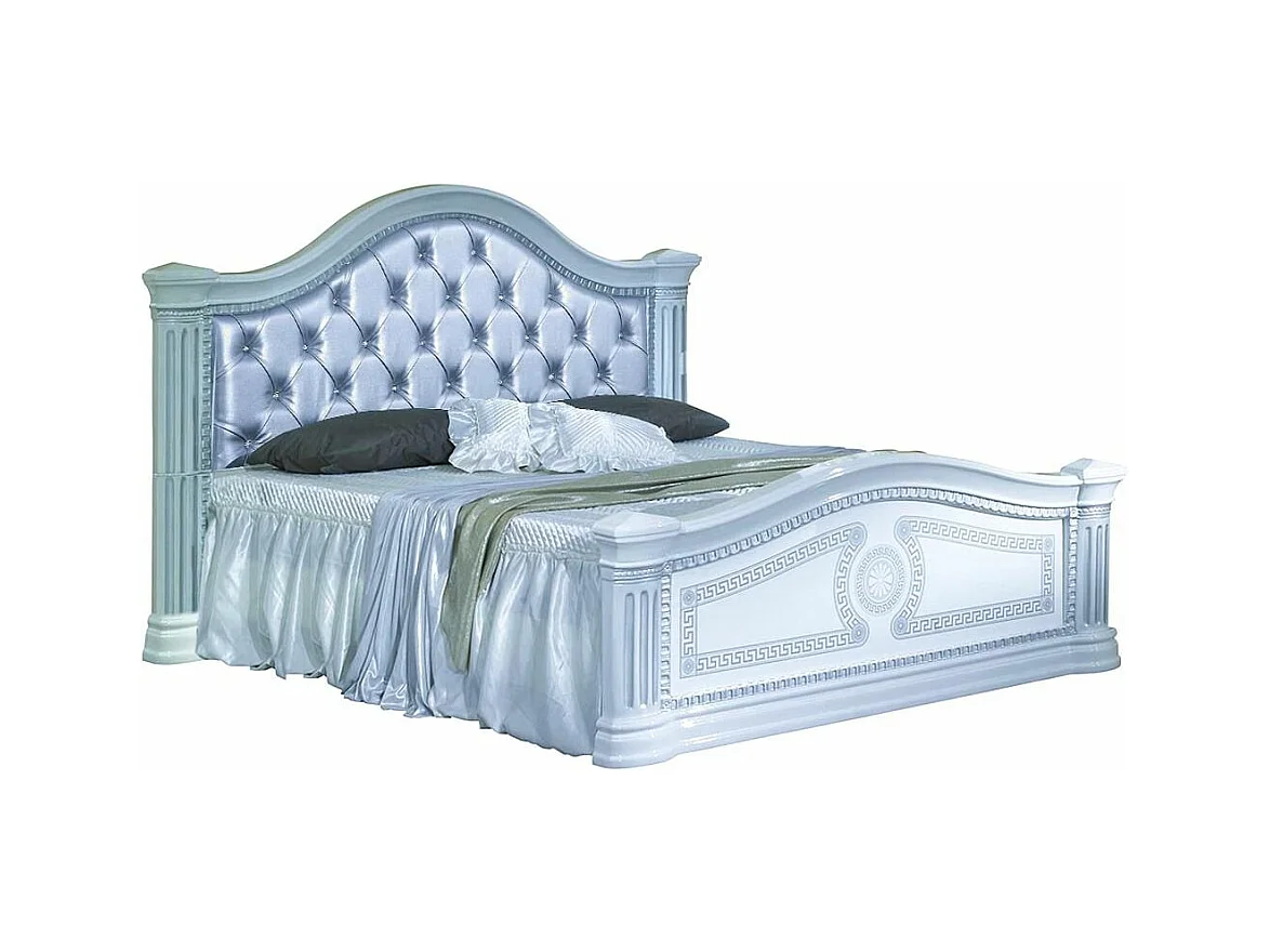 Lit design laqué blanc tête de lit capitonnée simili cuir argenté Savana 180x200