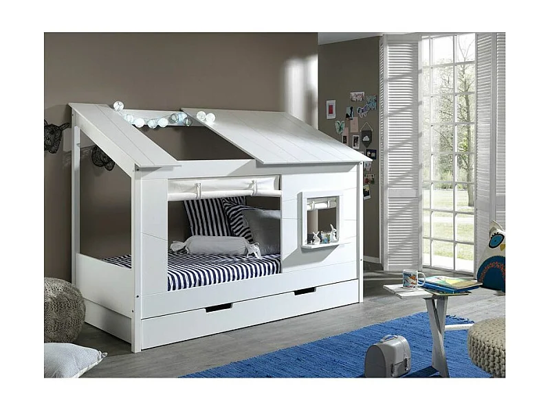 Cama-cabina de 90x200 cm con cortina de pino macizo blanco y ventana Parade