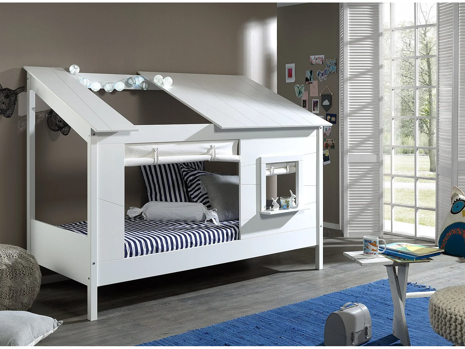 Pack - Lit Cabane Enfant & Rideaux "Housebed II" Blanc