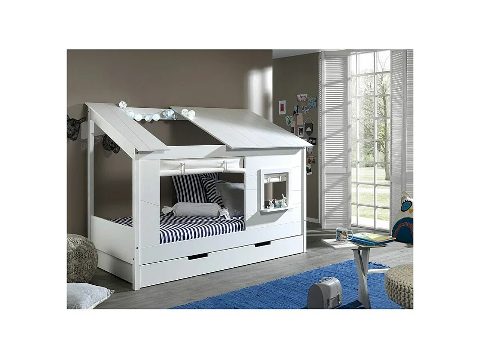 Pack - Lit Cabane Enfant & Rideaux "Housebed II" Blanc