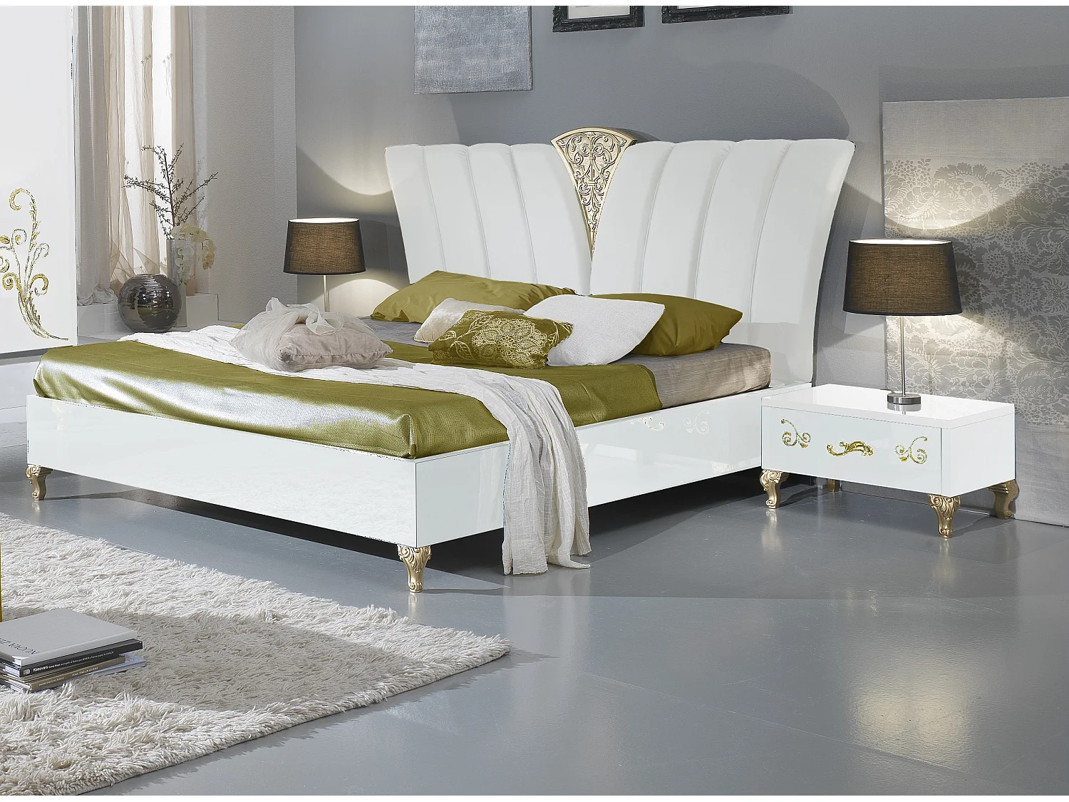 Lit design laqué blanc et doré Jade 180x200