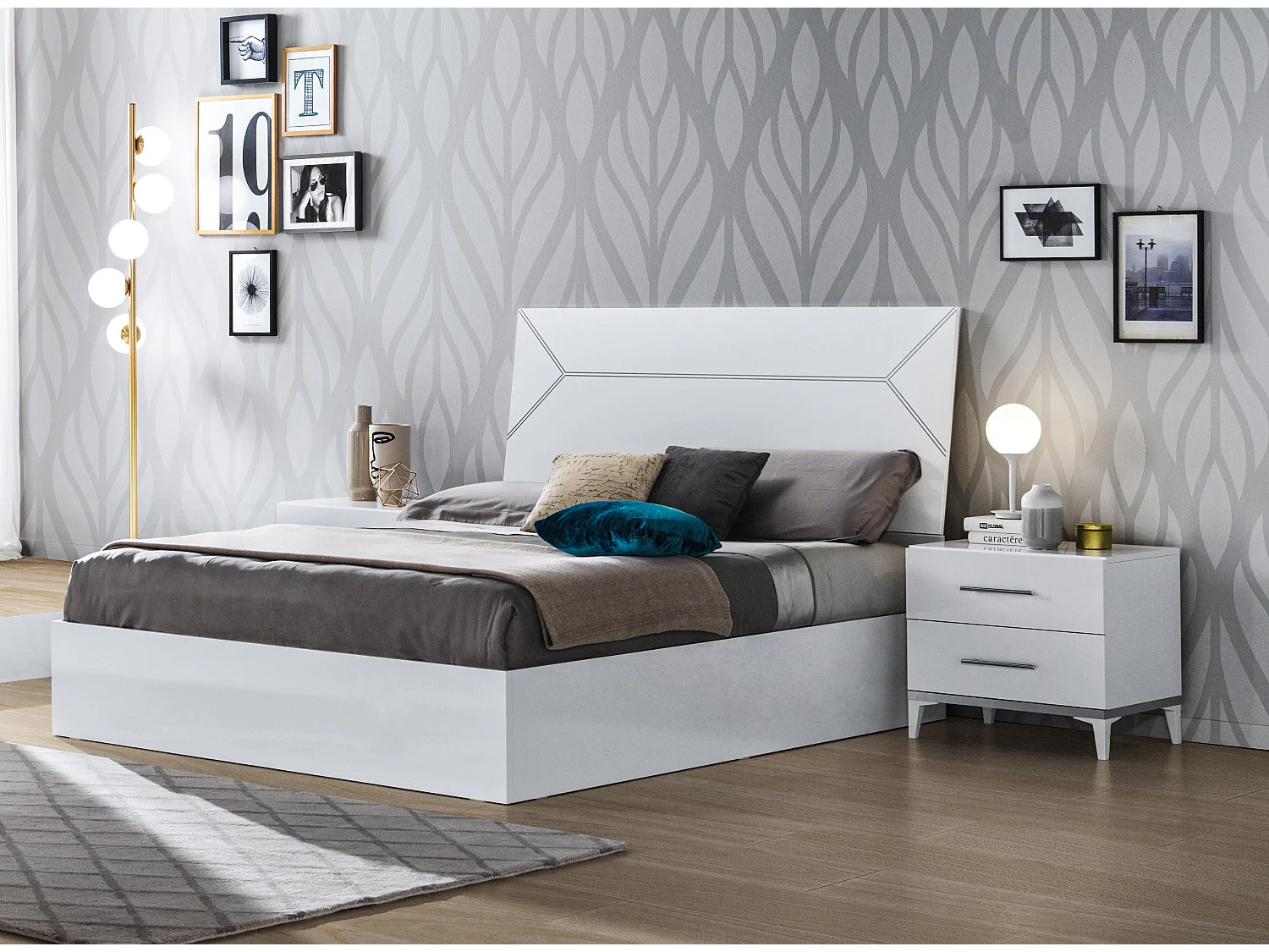 Lit design bois blanc laqué et tête de lit blanche laquée et argentée Diamanto-140x190