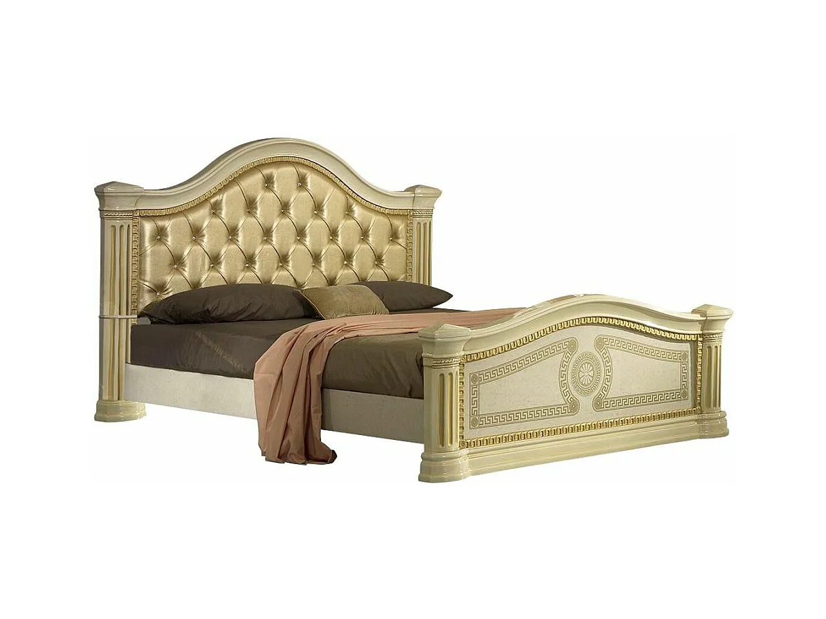 Lit design laqué beige tête de lit capitonnée simili cuir beige Savana 160x200