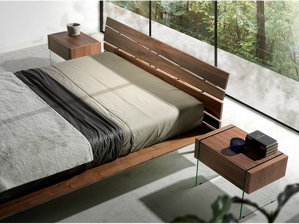 Lit double 150x200 bois noyer et verre trempé Ponza